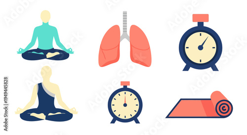 Healthy living: yoga, breathing, and time management icons in flat design