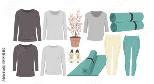 Casual activewear and accessories: yoga mats, tops, and leggings with potted plant