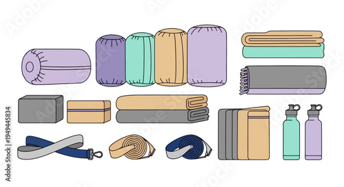Yoga and fitness essentials set in pastel tones for wellness and relaxation