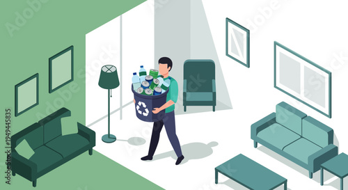 Isometric recycling scene: man carrying recyclable materials in modern living room