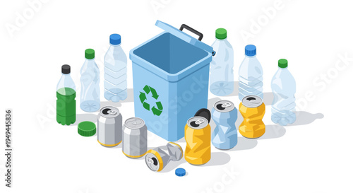 Isometric recyclable materials with blue bin and mixed plastic and metal containers