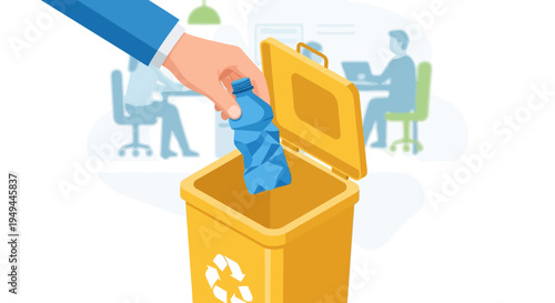 Recycling plastic bottle into yellow bin with office background in flat style