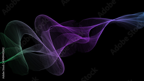 Abstract glowing digital wave pattern composed of fine lines flows gracefully against a stark black background