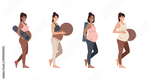 Diverse pregnant women in active wear with exercise equipment