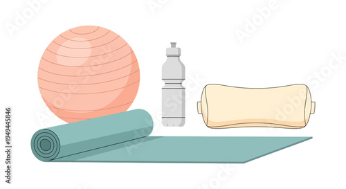 Fitness equipment set: yoga mat, stability ball, water bottle, and neck pillow in flat design
