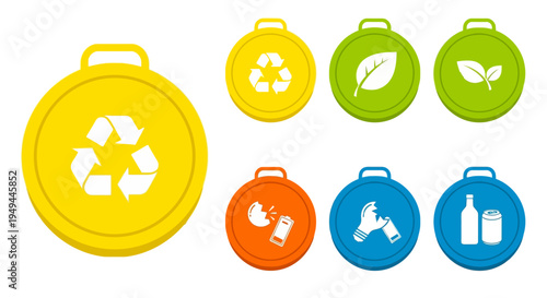 Colorful recycling icons set with environmental symbols for waste management