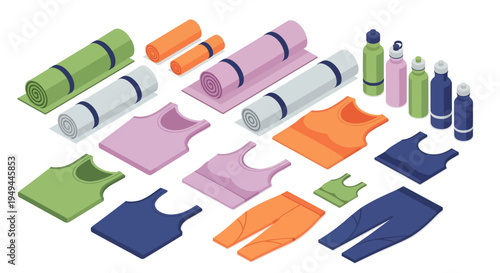 Isometric fitness gear and yoga mats in vibrant colors