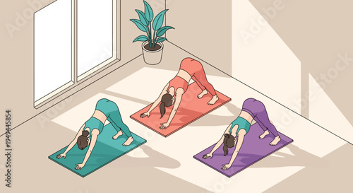Home yoga practice: women in downward dog pose with indoor plants and sunlit room