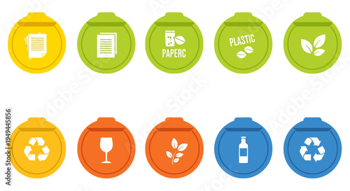 Colorful recycling bin icons for paper, plastic, glass, and organic waste