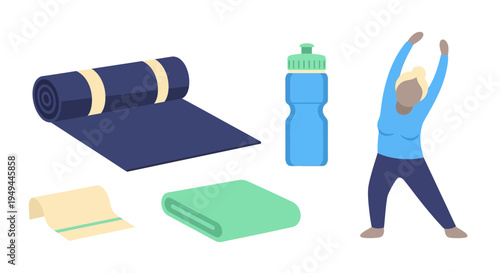 Flat style yoga scene with exercise mat, water bottle, and stretching character