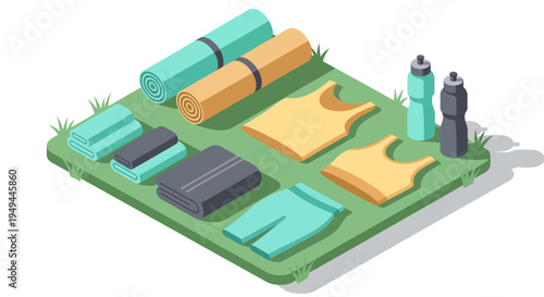 Isometric fitness gear on grass mat with yoga mats, towels, and water bottles