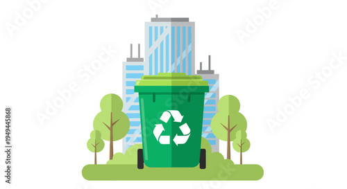 Urban recycling concept with green bin and cityscape background