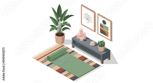 Cozy minimalist yoga corner with isometric decor and plants