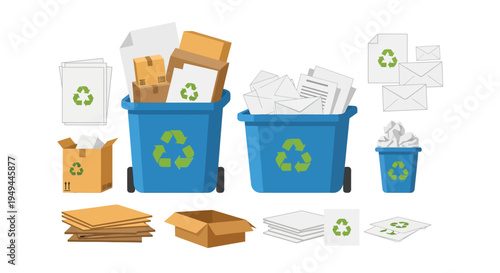 Recycling bins and cardboard boxes with waste paper icon set on white background