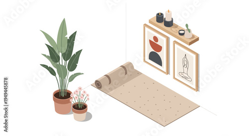 Tranquil home yoga space with rolled mat, plants, and modern art in a minimalist setting