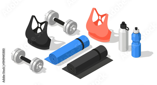 Isometric fitness set: dumbbells, yoga mats, sports bras, and water bottles for home workouts