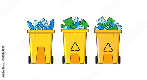 Colorful recycling bins with plastic bottles on wheels