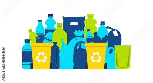 Colorful plastic waste and recycling bins on white background