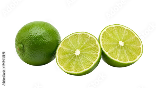 Fresh green lime fruit and slices isolated on transparent background