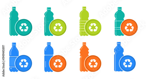 Colorful plastic bottles and recycling symbols in modern flat design