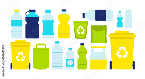 Colorful recycling bins and bottles for waste management and eco-friendly initiatives