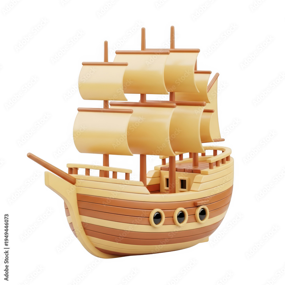 Obraz premium A vintage wooden pirate ship illustration featuring a nautical sailing vessel design isolated on white for travel and ocean transportation icons