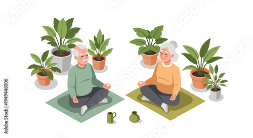 Elderly couple meditating in a garden setting with green plants