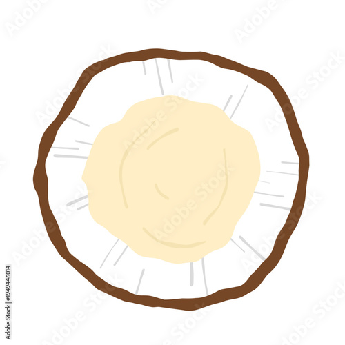 Half coconut with white pulp isolated on white background. Top view. Tropical fruit illustration, natural food ingredient