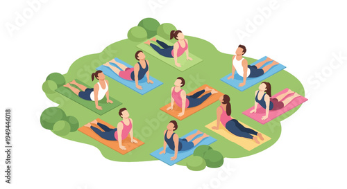 Group yoga class outdoors in park with diverse people practicing yoga on colorful mats
