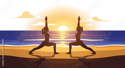 Silhouette yoga poses on beach at sunset with vibrant sky and ocean reflection