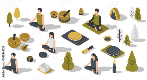 Isometric meditation scene with people, trees, and wellness objects