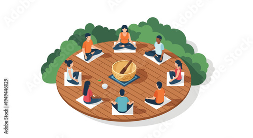 Serenity circle: diverse group meditating outdoors in isometric style relaxation practice