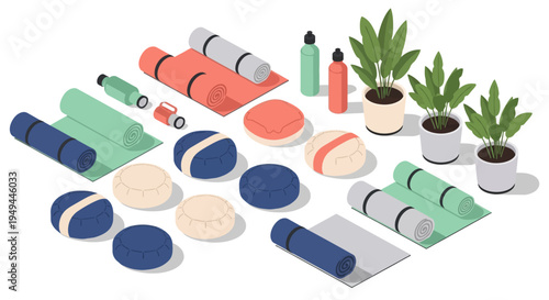 Modern isometric yoga and meditation equipment with plants in a calm setting
