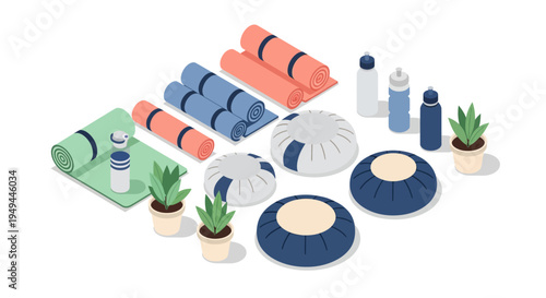 Modern isometric yoga and meditation setup with mats, cushions, and plants