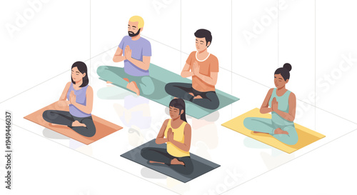 Diverse group practicing meditation in colorful isometric space for relaxation and wellness