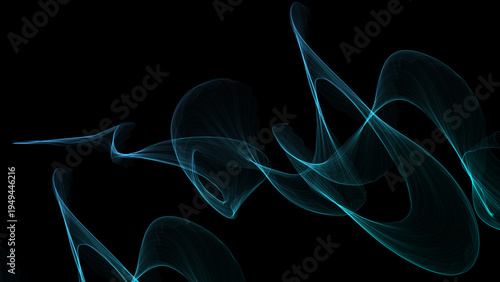Abstract cyan glowing light wave forms swirl dynamically across a deep black background creating energy