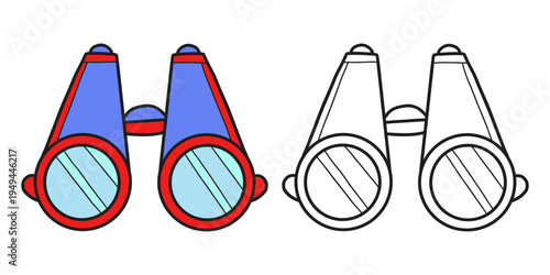 Binoculars colored and outline version isolated on white background. Coloring book for kids. Travel exploration tool illustration, doodle coloring page