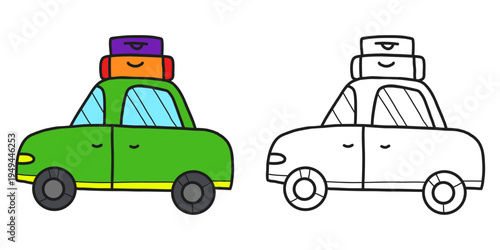 Cartoon car with luggage colored and outline version isolated on white background. Coloring book for kids. Road trip travel illustration, doodle coloring page
