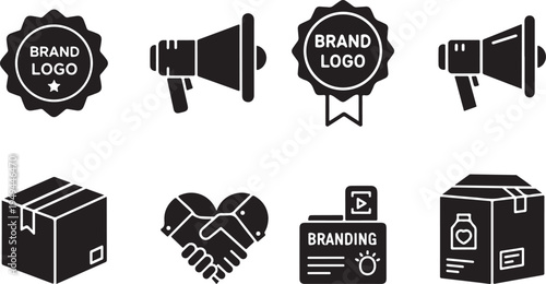 Branding and marketing icon set featuring product strategy, brand value, logo design, brand development, social media promotion, advertising and customer loyalty symbols. Solid vector icon collection.