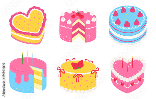 Colorful cartoon cakes set isolated on white background. Sweet bakery collection, celebration desserts, birthday party, colorful cartoon cakes with berries isolated on white background.