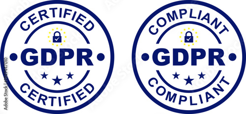 GDPR Certified and GDPR Compliant Round Badge Set – Blue and Yellow EU Data Protection Stamp Vector Icons with Padlock and Stars for Privacy Regulation Compliance