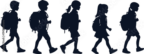 Children walking silhouettes, school backpacks, education art, childhood routine, student figures, black silhouette, daily life, learning journey, lifestyle design