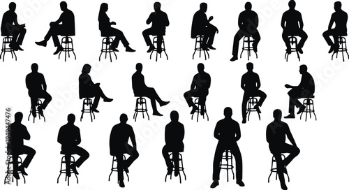 Seated silhouettes, sitting poses, human posture, stool sitting, ergonomic study, black silhouette, diverse positions, lifestyle art, design element, motion