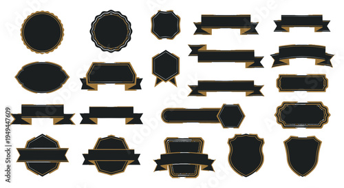 Collection of Black and Gold Decorative Labels, Badges, and Banners for Design