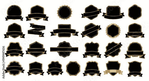 Collection of Black and Gold Emblems, Badges, and Labels with Ribbons