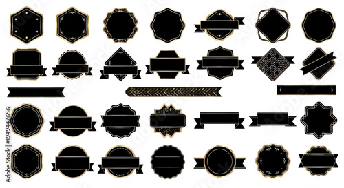 Collection of Black and Gold Emblems, Badges, and Ribbons for Design
