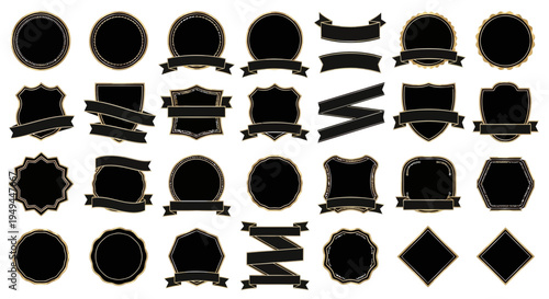 Collection of Black and Gold Emblems, Badges, Ribbons, and Frames