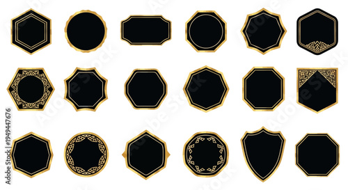 Collection of Black and Gold Geometric and Ornate Frames, Badges, and Labels