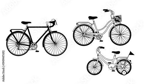 Colorful Bicycle Vector Set with Road Bike Vintage Cruiser and Kids Bike Eco Transport Concept