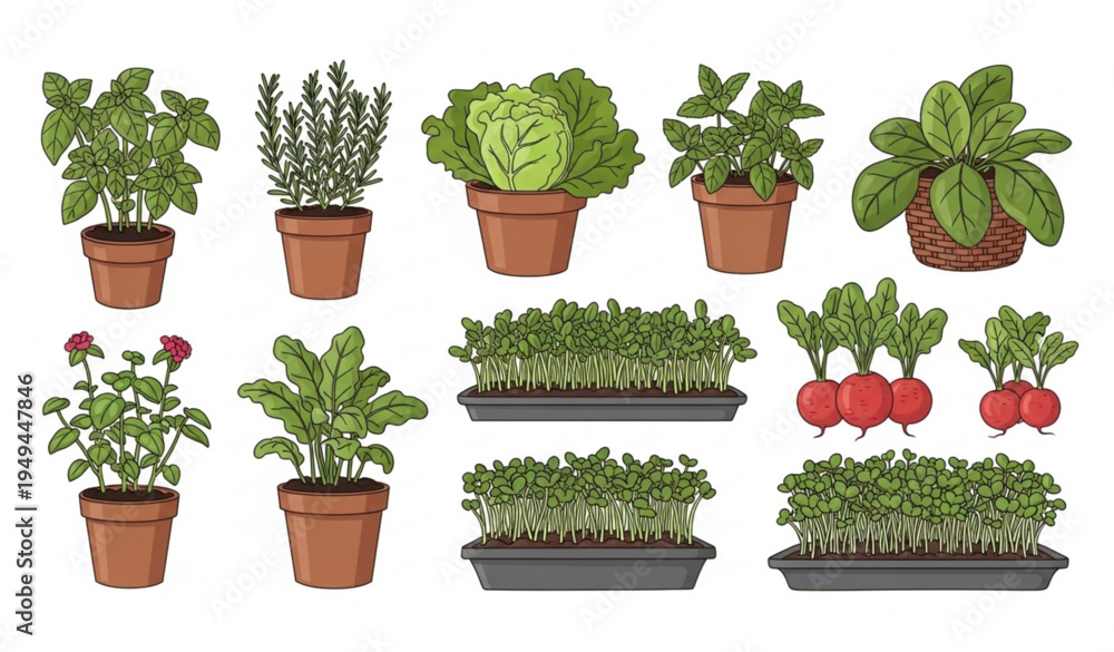 Fototapeta premium Urban Home Gardening Vector Illustration with Potted Herbs and Microgreens
